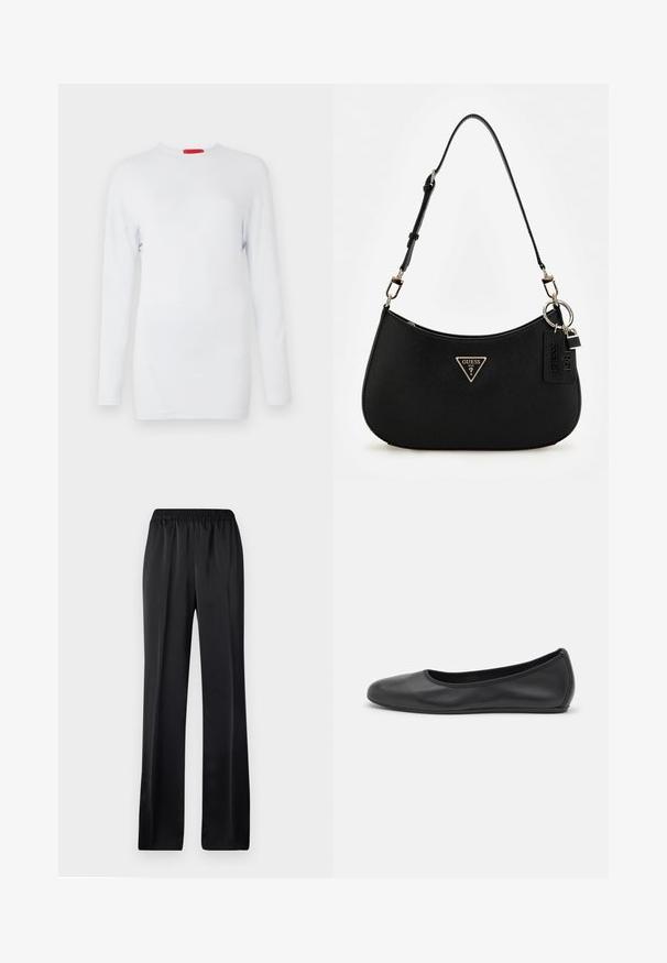 Pikkade varrukatega valge särk, mis on valmistatud pehmest kangast, ümmarguse kaelusega ja diagonaalsete õmblustega, et luua tekstureeritud välimus. Punane brändi silt.; Mustad, laiad püksid elastse vöökoha jaotusega. Valmistatud siledast, kergest kangast, otse lõikega ja ilma nähtavate mustriteta.; Musthave mustika tantsutossud mustast nahast, ümmarguse varbaga, siledast tekstuurist, minimaalse õmblusdetailiga ja paindliku tallakujundusega.; Must zwart sünteetilisest materjalist õlakotil on kaarjas siluett, struktureeritud viimistlus, kultne kolmnurga logo ja eemaldatavad metallaktsendid.