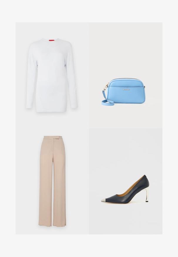 Pitkähihainen valkoinen paita, joka on valmistettu pehmeästä kankaasta. Paidassa on pyöreä kaula-aukko ja diagonaaliset sauman yksityiskohdat, jotka antavat tekstuuria. Punainen tuotemerkki.; Beige levelet lahkeet valmistettu kevyestä kankaasta. Ominaisuuksiin kuuluu sileä pinta, etutaskut ja huomaamaton vyötärösuunnittelu.; Laivastonsininen nahkainen korkokenkä, jossa on terävä kärki, hopeinen metallinen kärki ja kiiltävä hopeinen piikkikorko.; Vaaleansininen nahkainen crossbody-laukku, jossa on kultasävytetty metalliosat, vetoketjukiinnitys ja etutasku. Mukana säädettävä olkahihna käytännöllisyyden vuoksi.