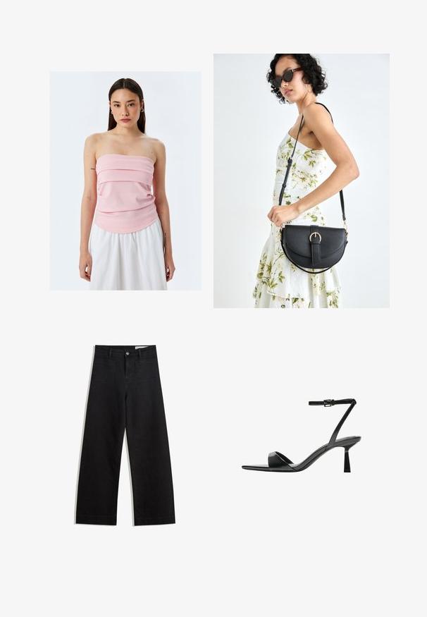 Koton SLEEVELESS - Top - pink; Schwarze weit geschnittene Jeans mit hoher Taille, ausgestattet mit Vorder- und Hintertaschen, gesteppten Nähten und einem Knopfverschluss. Glatte Textur.; Bershka High Heel Sandalette - black; Schwarze Lederhandtasche mit geschwungener Form, abnehmbarem Tragegurt und goldenen Beschlägen. Die Tasche verfügt über einen Deckel mit einer Schnallen-Details.