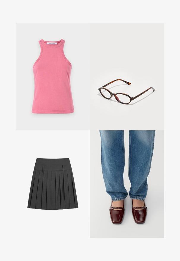 Różowa bawełniana koszulka na ramiączkach z okrągłym dekoltem i wycięciem na plecach. Posiada podwójnie szyte brzegi oraz miękką, gładką teksturę.; Szara spódnica plisowana wykonana z teksturowanej tkaniny, z płaskim pasem w talii z dwoma przednimi zakładkami oraz wieloma pionowymi plisami dla zwiększenia objętości.; Burgundowe lakierowane buty ze kwadratowym noskiem i paskiem na kostce, w zestawieniu z jasnoniebieskimi dżinsami o luźnym kroju. Buty mają błyszczące wykończenie.; Okulary przeciwsłoneczne w kolorze żółwi z owalnymi soczewkami, z ciemną oprawką w jasne i ciemne brązowe wzory oraz smukłymi, zakrzywionymi zausznikami.; Burgundowa skórzana torebka o zaokrąglonym kształcie, z zamknięciem na zamek i paskiem ozdobionym łańcuszkiem. Gładka struktura z delikatnym połyskiem.