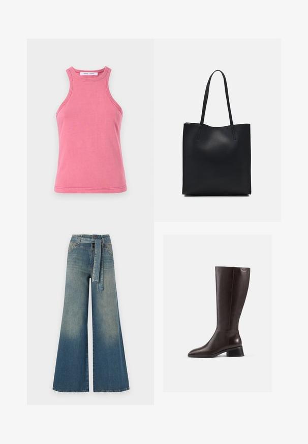 Rosa Baumwolltanktop mit rundem Halsausschnitt und Racerback-Design. Verfügt über doppelt genähte Säume und eine weiche, glatte Textur.; Weit geschnittene Denim-Hosen mit einem Farbverlauf von hellblau zu dunkelblau, hoher Taille, Gürtelschlaufen und einem passenden Stoffgürtel. Strukturierte Denim-Oberfläche.; Knöchelhohe, braune Lederstiefel mit glatter Oberfläche, abgerundeter Spitze und gestapeltem schwarzen Absatz. Schlichtes Design mit minimalen Hardware-Details.; Schwarze Laptoptasche aus Leder mit glatter Textur, rechteckiger Form und zwei langen Griffen. Keine sichtbaren Beschläge oder Verzierungen.