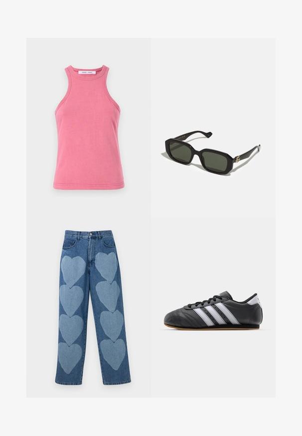 Top in cotone rosa con scollatura rotonda e design a spalla larga. Presenta orli a doppia cucitura e una texture morbida e liscia.; Jeans in denim dal taglio rilassato, caratterizzati da applicazioni di cuori azzurri sul davanti, cinque tasche e chiusura con bottone.; Scarpa sportiva in pelle nera con strisce bianche, punta rotonda, suola piatta e chiusura con lacci. Presenta perforazioni per la traspirabilità.; Occhiali da sole rettangolari neri con lenti verdi opache, caratterizzati da una finitura lucida e una finitura in oro con logo laterale.