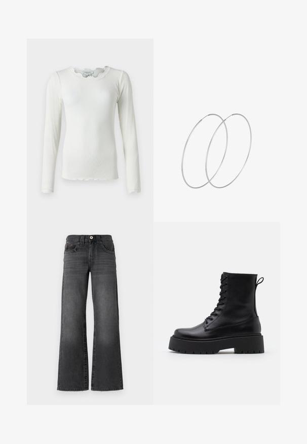 Langärmliges weißes Rippoberteil mit einem gewellten Ausschnitt und einer Spitzenverzierung an den Bündchen, das eine figurbetonte Silhouette und einen strukturierten Stoff aufweist.; Weite Jeans aus dunkelgrauem Denim. Mit fünf Taschen, einem Knopfverschluss und dezentem Verblassen des Stoffes. Klassische Nähte betonen das Design.; Schwarze Lederstiefeletten mit runder Zehenpartie, Schnürung vorne und einer dicken Gummisohle mit strukturiertem Profil. Mit Zugschlaufe an der Rückseite.; Silberne Creolen mit minimalistischem Design. Rundform, glatte Oberfläche und dünnes Profil. Leichtgewichtig mit hochglänzender Oberfläche.