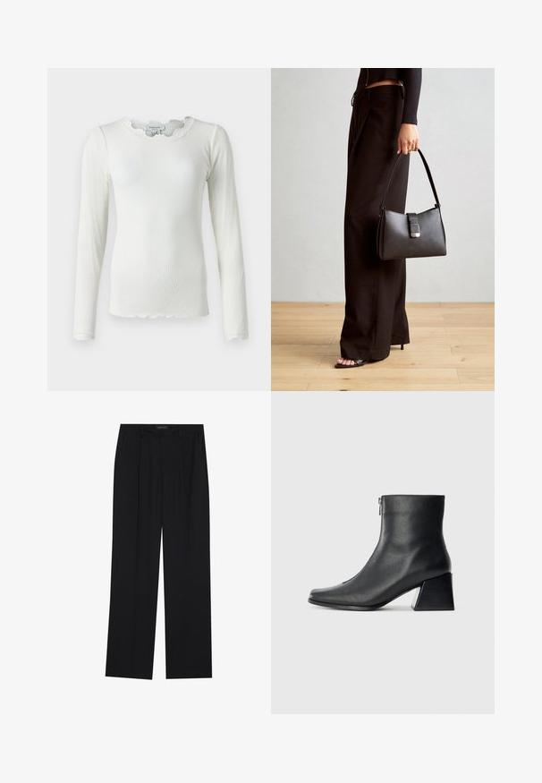 Pikad varrukad, valge ribastop, millel on lainelise servaga dekoltee ja pitsäärised varrukate otstes, omades vormitud siluetti ja tekstuurset kangast.; Mustad püksid sirgjoonelise disainiga, millel on kaks esist taskut ja muudatus. Valmistatud siledast, kergekaalulisest kangast.; Must musta ankle bot, mille ruudukujuline varvas, külgriiv ja plokk-konts, heledal taustal.; Must musta kott, millel on struktureeritud kuju, sile tekstuur ja metallist klamber. Kombineeritud laiate mustade pükstega ja avatud varvaste sandaalidega puidust põrandal.