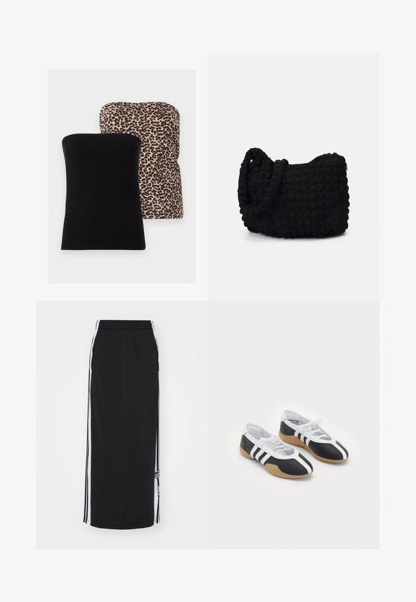 Due top senza spalline: uno di colore nero solido, l'altro con uno sfondo beige e motivo leopardato nero. Entrambi hanno una texture liscia e una vestibilità classica.; Gonna sportiva nera con strisce bianche sui lati, cintura elastica e dettaglio del logo. Realizzata in tessuto traspirante, design fino al ginocchio.; Scarpe da ginnastica in bianco e nero con un design elegante, suola in gomma, chiusura con lacci e tre strisce bianche sui lati.; Borsa in tessuto nero con un motivo trapuntato e texture. Forma arrotondata, manici corti e spessi, e una struttura morbida e flessibile.
