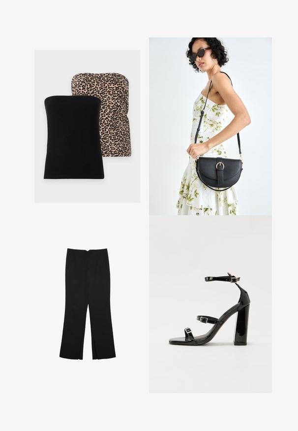 Dva topa bez naramenica: jedan u jednobojnoj crnoj boji, a drugi s bež pozadinom i crnim printom leopard sijena. Obojica imaju glatku teksturu i klasičan kroj.; Crne hlače ravnog kroja, s prednjim džepovima i bočnim prorezima na rubu. Izrađene od mekog i glatkog materijala. Pogodne za razne prigode.; Crne lakirane sandale na visoku petu s dva remena s kopčama, kvadratnim vrhom i masivnom blok petom, s glatkom, sjajnom teksturom.; Crna kožna torba s lukovitim oblikom, odvojivim remenom i zlatnim detaljima. Torba ima preklop s kopčom.