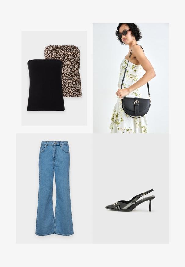 Dve brezramne majice: ena enobarvna črna, druga z bež ozadjem in črnim leopardjim vzorcem. Obe imata gladko teksturo in klasičen kroj.; Svetlo modri razširjeni džins hlače iz denima, z visokim pasom, petimi žepi in enim gumbom za zapiranje. Mehka tekstura z blagim zbledelim videzom.; Črne patentne usnjene sandale s koničastim nosom, zankami okoli gležnja s srebrnimi sponkami in opremo ter vitkimi petami.; Črna usnjena torbica s ukrivljeno obliko, z odstranljivo naramnico in zlatimi dodatki. Torbica ima pokrov s podrobnostmi v obliki zaponke.