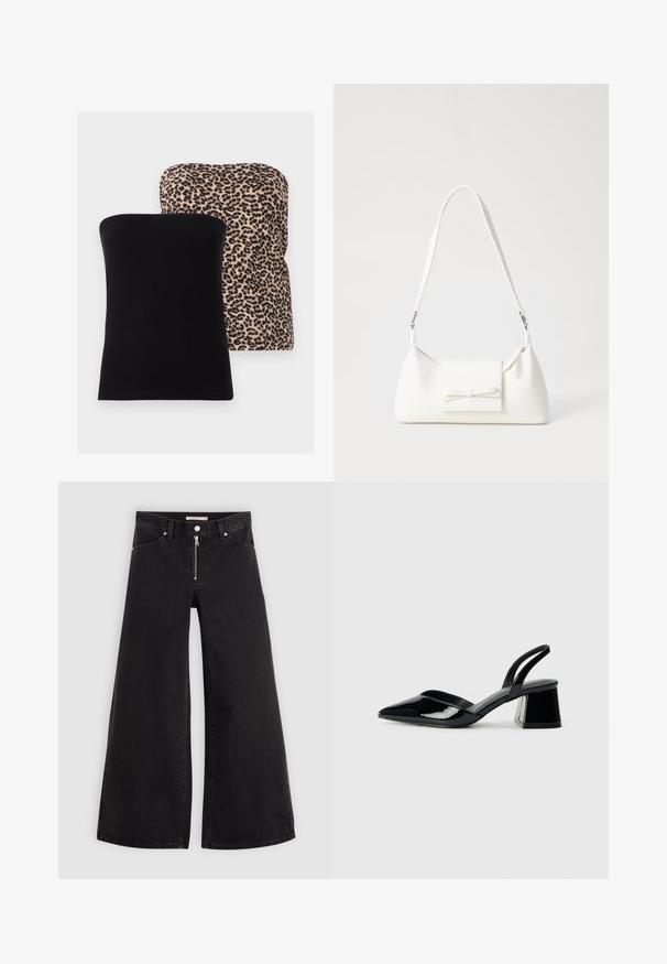 To strapse med avtagbare stropper: en helt svart og den andre med en beige bakgrunn og svart leopardmønster. Begge har en glatt tekstur og klassisk passform.; Vide benbukser i sort denim med glidelås i front, fem-lomme design og subtile sømdetaljer. Glatt tekstur og avslappet stil.; Svarte patentlær slingback hæler med spiss tå og geometrisk blokk hæl. Har et stilrent, minimalistisk design og jevn tekstur.; Hvit syntetisk håndveske med trekantet form, flat klaff foran og sløyfe detaljer, justerbar stropp, glatt tekstur og minimalistisk design.