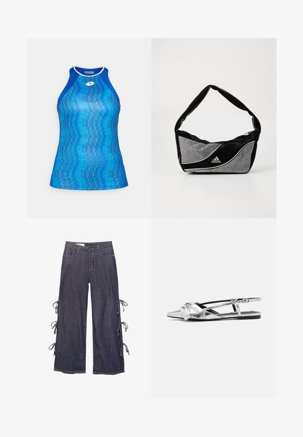 Modrý sportovní top s geometrickým vzorem v různých odstínech modré. Má závodní střih a bílé akcenty kolem výstřihu.; Burgundská top z imitace kůže na zavazování za krk s hlubokým V výstřihem, s předním zipem a nařasenými detaily na výstřihu.; Džínové kalhoty s širokými nohavicemi v tmavě modré barvě s bočními šněrovacími mašlemi a zapínáním na knoflík. Obsahují přední kapsy a uvolněný střih.; Stříbrné metalické slingback baleríny s špičatou špičkou, které mají na přední části detail uzlu a nastavitelný pásek pro bezpečné uchycení.; Černá a stříbrná taška adidas s hladkou texturou, vyznačující se lesklým hrotným vzorem a charakteristickým zakřiveným designem.