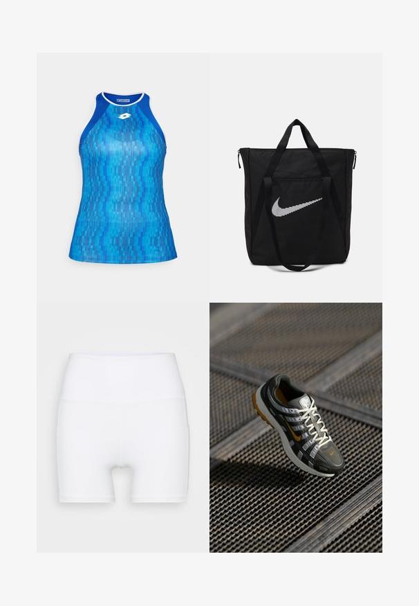 Kék sportos ujjatlan felső geometrikus mintával, különböző kék árnyalatokban. Racingback kialakítású, fehér díszítéssel a nyaknál.; Fehér, magas derekú, rugalmas anyagból készült sort. Simább textúrával és testhezálló dizájnnal rendelkezik, további minták vagy fémalkatrészek nélkül.; Nike futócipő szürke hálós felsőrésszel, fehér részletekkel és élénk narancssárga logóval. Jellemzője egy texturált talp és párnázott kialakítás.; Fekete nejlon bevásárlótáska két erős fogantyúval és cipzárral. Jellemzője egy kiemelkedő fehér Nike pipa logó vízszintes csíkozott kialakításban.