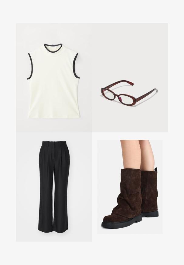 Valgest kangast ilma varrukateta topp kõrge kaelusega, millel on must äär ümber kaela ja käeaugud. Sile tekstuur ja liibuv disain.; Mustad laiad püksid kõrge vöökohaga, plekkidega, valmistatud siledast, tekstureeritud kangast, sirge lõikega ääre juurde.; Pruunid sametist keskmise pikkusega saapad mustade kummist talladega, kantud paljaste jalgadega, saapaste varsi peal on nähtavad kerged kortsud.; Ovaalsed punased prillid, millel on selged läätsed ja sujuvad pruunid kered. Disainis on peened kõverad ja minimaalne riistvara.