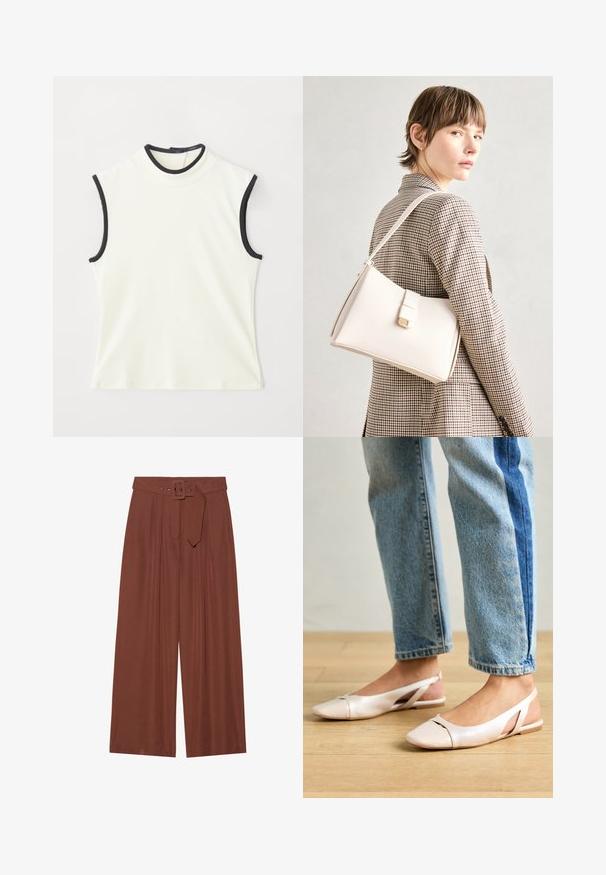 Sleeveless top in white fabric with a high neck and black trim around the neckline and armholes. Smooth texture and fitted design.; Wide-leg trousers in brown fabric, featuring a belt with a square buckle, pleated design, and smooth texture.; Pale pink slingback flats with a pointed toe, made from a smooth leather-like material. Features cut-out details at the sides and a flat heel.; White leather handbag with a structured design, featuring a magnetic clasp and a shoulder strap, showcased against a neutral background.