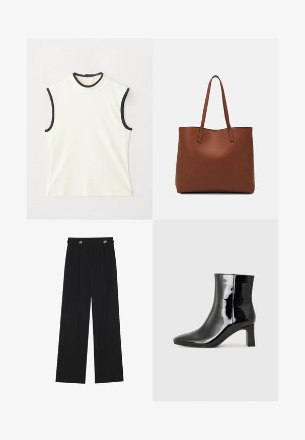 Baltā auduma bez piedurknēm blūze ar augstu kakla izgriezumu un melnu apdari ap kaklu un roku caurumiem. Gluda tekstūra un pieguļošs dizains.; Melnas platās bikses ar augstu jostasvietu, pogu detaļām uz jostas un priekšējām krokām.; Melnas patentētas ādas potīšu zābaki ar norādītu pirkstu un vidēja augstuma kvadrātveida papēdi. Gluda tekstūra un minimālisma dizains.; Brūna ādas iepirkumu soma ar gludu tekstūru, atvērta augšdaļa un divas plecu siksnas. Izceļas ar minimālām šuvēm un redzamu aparatūru nav.