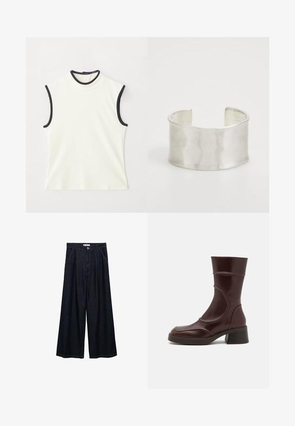 Mouwloos topje van witte stof met een hoge hals en zwarte bies rond de halslijn en armopeningen. Glad textuur en aansluitend ontwerp.; Donkerdenim wijde-broek met een hoge taille, voorzien van een sluiting met knoop aan de voorkant, twee zijzakken en stikdetails.; MIISTA MALENE - Lage laarzen - brown; Zign Armband - silver-coloured