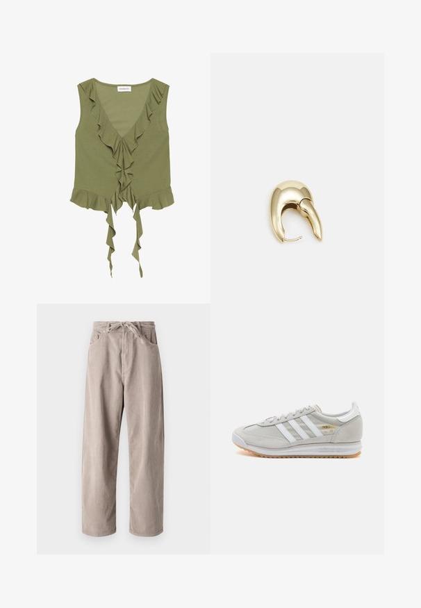 Oliivroheline särgita ülaosa V-kujulise kaelusega, volangidega äärtega ja eest seotud detailiga. Valmistatud pehmest ja kergest kangast.; Beige kammkootud püksid, millel on mugav lõige, paelaga vöökoht, kaks eesmist taskut ja vertikaalne soonik tekstuur.; Heled hallid tossud, mis on valmistatud nubukist ja võrgust, millel on kolm valget triipu, ümmargune varvas ja kummist tald. Kuldne logoelement paelte lähedal.; Kuldtooni metallist kõrvarõngas, millel on elegantne ja kaarjas disain. Omab silmapaistvat teravat kuju, poleeritud pinda ja hingesulgemist.