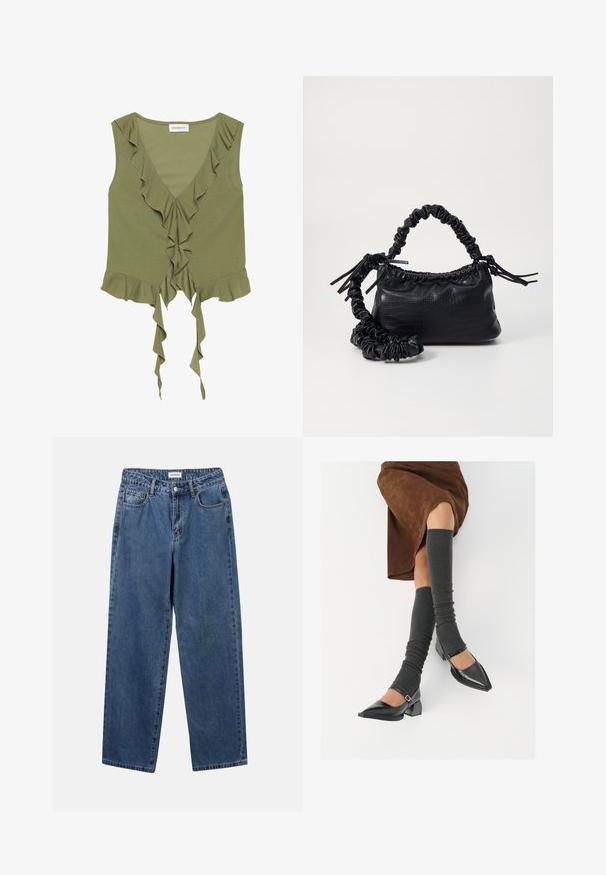 Top sin mangas de color verde oliva con escote en V, bordes con volantes y detalle de lazo en la parte frontal. Fabricado con tela suave y ligera.; Jeans de mezclilla azul clásico con un diseño de pierna recta, cinco bolsillos y cierre de botón. Presenta un lavado medio y una textura resistente.; Zapatos de charol negros con punta afilada, tacón bloque y tira de tobillo, combinados con calentadores de piernas de canalé grises y una falda de ante marrón.; Bolso de mano de imitación cuero negro con textura de cocodrilo, parte superior fruncida y correa arrugada. Presenta un diseño suave y compacto.