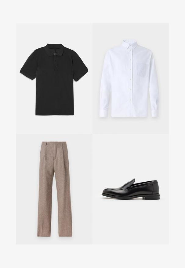 Černé polo tričko s krátkými rukávy, límcem a zapínáním na tři knoflíky. Vyrobeno z hladkého, lehkého materiálu, s klasickým designem.; Bílá dlouhá košile s knoflíky vyrobená z bavlny, která má náprsní kapsu s tónovanou výšivkou, límec a knoflíkové manžety.; Hnědé kalhoty s vysokým pasem vyrobené z texturované látky. Mají široké nohavice a dva přední sklady pro strukturu. Úhledné provedení bez viditelné kovových částí.; Černé kožené polobotky s hladkou texturou, zaoblenou špičkou a zdobným páskem přes nárt. Nízký stohovaný podpatek, minimalistický design.