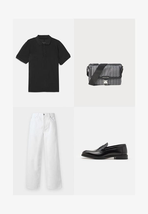 Polo negru cu mâneci scurte, guler și închidere cu trei nasturi. Fabricat dintr-un material neted și ușor, având un design clasic.; rag & bone BAGGY - Blugi largi - white; Mocasini din piele neagră cu o textură netedă, vârf rotund și o curea decorativă peste partea superioară. Toc mic, design minimalist.; Geantă crossbody cu un model negru și gri, având un design geometric, închidere cu fermoar și un accent din metal argintiu. Include o curea ajustabilă.