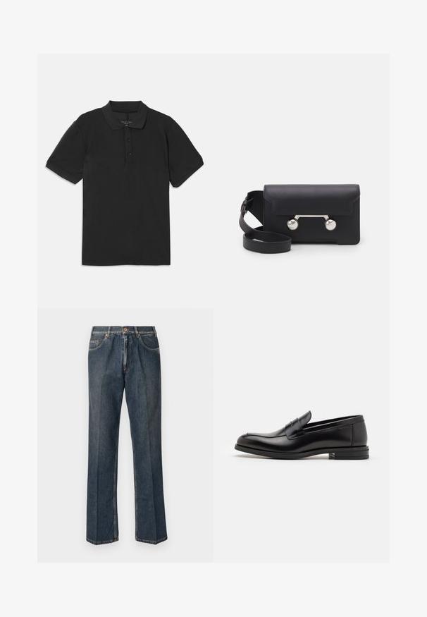 Polo nero con maniche corte, colletto e pattina con tre bottoni. Realizzato in un tessuto leggero e morbido, presenta un design classico.; Jeans in denim blu scuro a gamba dritta con bottone frontale, zip, doppie tasche anteriori e pieghe verticali visibili lungo le gambe.; Mocassini neri in pelle con una texture liscia, punta arrotondata e una striscia decorativa sulla tomaia. Tacco basso impilato, design minimalista.; Borsa a tracolla in pelle nera con chiusura a patta, hardware in tonalità argento e due accenti tondi. Dotata di una tracolla removibile. Texture liscia.