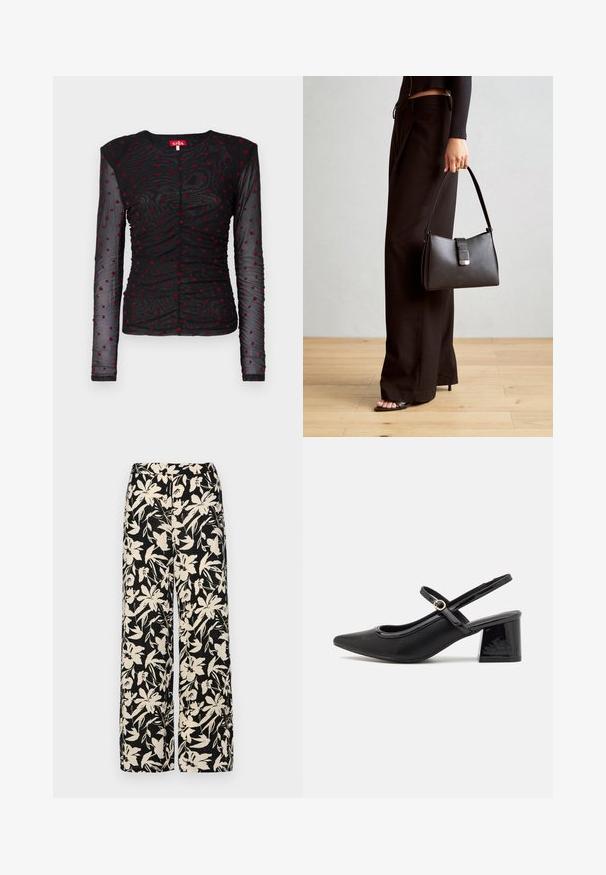 Svart langermet topp laget av gjennomsiktig stoff, med røde hjerte mønstre, rynket design, rund hals, og knappelukking foran.; Sorte vide bukser med et cremet blomster mønster. Fremstillet af letvægtsstof, med en glat tekstur og en høj talje.; Sorte lakk lær slingback hæler med spiss tå, et avrundet utskjæringsdesign og blokkheel. Har en gulltone spenne som detalj.; Svart håndveske med strukturert form, jevn tekstur og metallisk lås. Kombinert med brede svarte bukser og sandaler med åpen tå på tregulv.