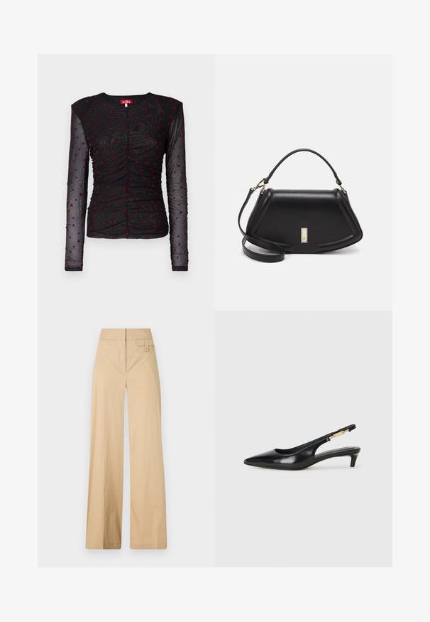 Musta pitkähihaiseksi paita, joka on valmistettu läpinäkyvästä kankaasta, punaisilla sydänkuvioilla, rypistetty muotoilu, pyöreä kaula-aukko ja nappikiinnitys edessä.; Hiekanväriset leveälahkeiset housut, jotka on valmistettu puuvillasekoituksesta. Niissä on sileä pinta, joustava vyötärö ja sivunappidetail.; Mustat nahkaiset slingback-korkokengät, joissa on terävä kärki, ohuet korot ja kultasävytteinen yksityiskohta säädettävässä hihnassa. Silkkinen pinta.; Mustalla nahkalaukulla, jossa on jämäkkä muotoilu, lyhyt malli, yläkahva ja kultaiset yksityiskohdat. Säädettävä olkahihna sisältyy.