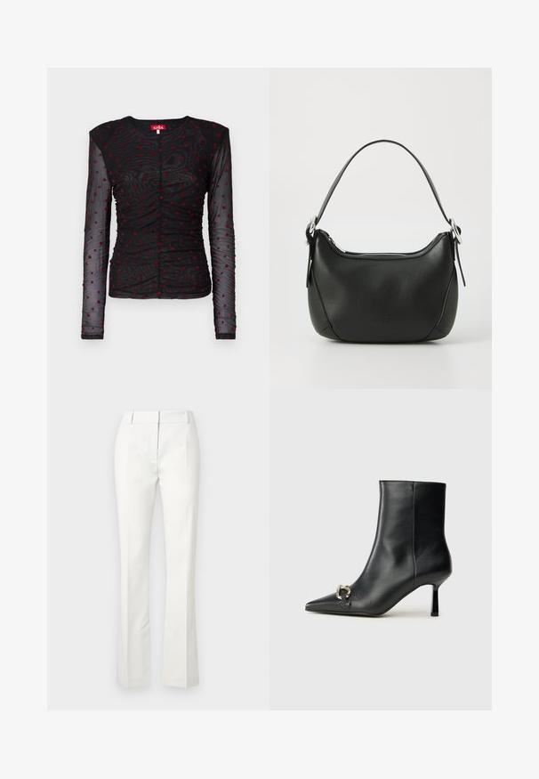 Musthave pikkaid varrukatega topp, mis on valmistatud läbipaistvast kangast, punaste südamekirjadega, rikkutud disainiga, ümarate kaelustega ja esiosas nupuga sulgemisega.; Valged kohandatud püksid, millel on laienev alumine osa, esifaldid ja sile tekstuur, valmistatud kergest kangast.; Must mustanvärvi nahast pahklinetopp, millel on terav nina, peen keskmise kõrgusega konts ja hõbedane keha detail külgedel, taustal lihtne taust.; Must mustast nahkaga kott, millel on kaarjas kuju, hõbedane tõmblukk ja lühike käepide. Ees on peen logo ning kott on sileda tekstuuriga.