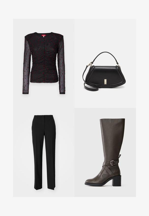 Schwarzes Langarmoberteil aus transparenter Stoff mit roten Herzmustern, gerafftem Design, Rundhalsausschnitt und Knopfverschluss auf der Vorderseite.; Schwarze, taillierte Hose mit geradem Bein, aus einem glatten Stoff und mit klaren Falten an der Vorderseite. Keine sichtbare Hardware.; Dunkelbraune knöchelhohe Lederstiefel mit einem mittelhohen Blockabsatz und einem dekorativen Riemen mit silberner Schnalle um den Knöchel.; Schwarze Lederhandtasche mit einem strukturierten Design, das eine verkürzte Form, einen oberen Griff und goldfarbene Hardware-Details aufweist. Verstellbarer Schulterriemen ist enthalten.