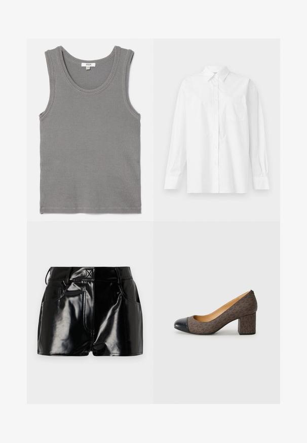 Gray ribbed tank top featuring a round neckline and wide armholes. Fabric is soft with a subtle texture and finished edges. Size tag visible.; White long-sleeve shirt made of cotton, featuring a classic collar, button closure, and a single breast pocket on the left side.; Black, glossy shorts made of synthetic material. Features a fitted waist, belt loops, and front pockets with prominent stitching details.; Brown patterned high-heeled pump with a rounded black toe cap and block heel, featuring a smooth leather-like texture.