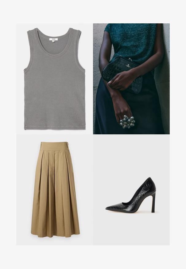 Grijze geribde tanktop met een ronde halslijn en brede armsgaten. De stof is zacht met een subtiele textuur en afgewerkte randen. Maatlabel zichtbaar.; Khaki plissé rok met een hoge tailleband, gemaakt van katoen. Heeft een vloeiende uitstraling en de zoom is afgewerkt met subtiele stiksels.; Zwarte puntige hoge hak schoen met een krokodillenleren textuur, met een slank ontwerp, hoge stiletto-hak, en een gladde zwarte binnenkant.; Zwarte clutch met krokodillenpatroon en zilverkleurige hardware, vastgehouden tegen een gestructureerde grijze achtergrond. Heeft een glanzend oppervlak.