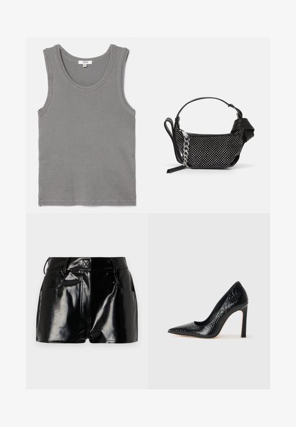 Grijze geribde tanktop met een ronde halslijn en brede armsgaten. De stof is zacht met een subtiele textuur en afgewerkte randen. Maatlabel zichtbaar.; Zwarte, glanzende shorts van synthetisch materiaal. Heeft een aansluitende taille, riemlussen en voorzakken met opvallende stikseldetails.; Zwarte puntige hoge hak schoen met een krokodillenleren textuur, met een slank ontwerp, hoge stiletto-hak, en een gladde zwarte binnenkant.; Zwarte handtas met studded embellishments, een kettingriem en een soepel leren handvat, met een afgeronde vorm en een ritscompartiment.
