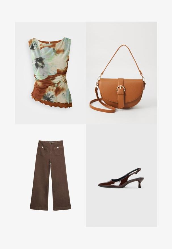 Kukkakuosi pusero vaaleanvihreissä ja ruskeissa sävyissä, jossa on teksturoitu kangas, rypytetty sivusuunnittelu ja aaltoileva helma.; Ruske leve bukser i bomuld med to forlommer med sølvknapper og en glat overflade.; Ruske patentin nahkalijatke sa špicastim nosom i umjerenom petom. Sadrže remen s kopčom za sigurno pristajanje. Glatka tekstura.; Ruskean nahkainen olkalaukku, jossa on kaareva muoto, kultaiset yksityiskohdat ja solkiyksityiskohta. Varustettu irrotettavalla olkahihnalla.