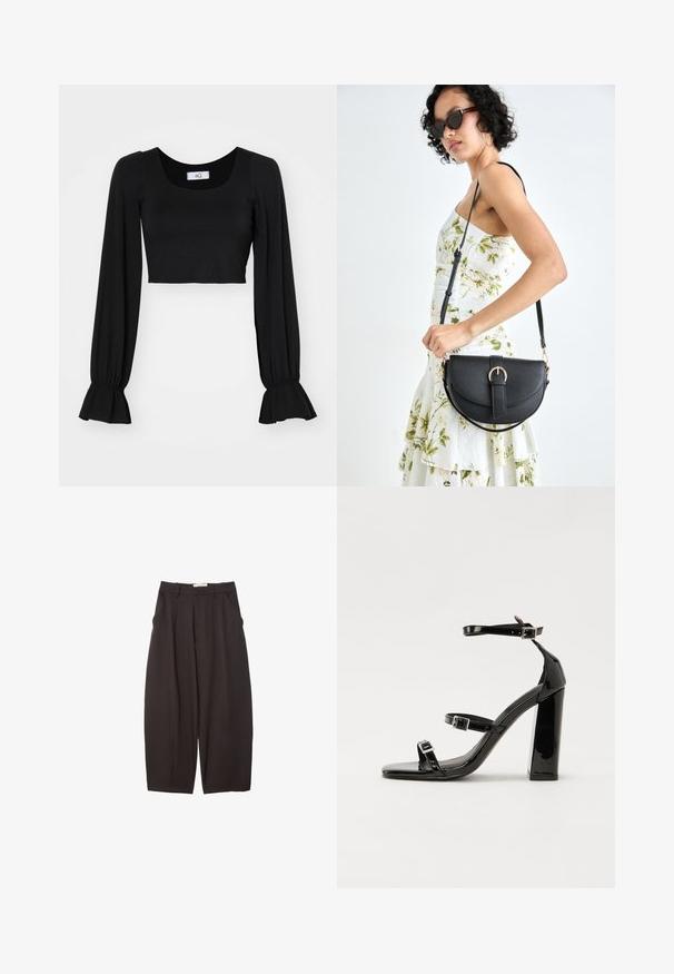 Crni skraćeni top s kvadratnim izrezom, dugim nabranim rukavima i skupljenim manžetama. Napravljen od mekanog materijala s glatkom teksturom.; Crne široke hlače napravljene od glatke tkanine, s visokim strukom, prednjim nabranjima i bočnim džepovima. Jednostavan dizajn bez ukrasa.; Crne lakirane sandale na visoku petu s dva remena s kopčama, kvadratnim vrhom i masivnom blok petom, s glatkom, sjajnom teksturom.; Crna kožna torba s lukovitim oblikom, odvojivim remenom i zlatnim detaljima. Torba ima preklop s kopčom.