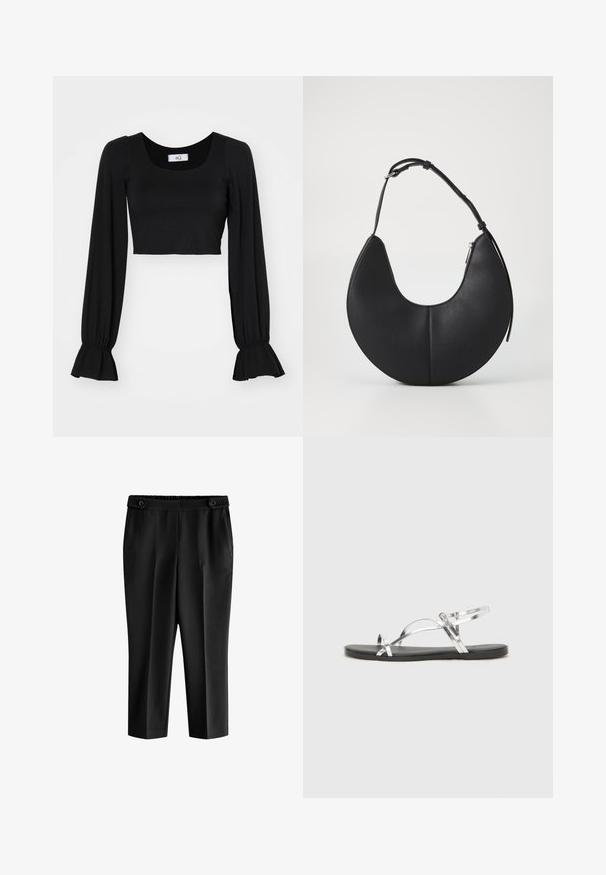 Top negru scurt cu decolteu pătrat, mâneci lungi puffate și manșete pliate. Fabricat dintr-un material moale cu o textură netedă.; Pantaloni scurți negri cu un croi relaxat, talie elastică și două buzunare frontale. Țesătura are o textură netedă cu un finisaj ușor lucios.; Sandale metalice argintii cu un design minimal, având curele subțiri și o talpă plată neagră. Printre elementele de atracție se numără accentele cu curele încrucișate.; Geantă de mână din piele neagră în formă de semilună, cu o textură netedă, o singură curea ajustabilă și închidere cu fermoar pe partea laterală.