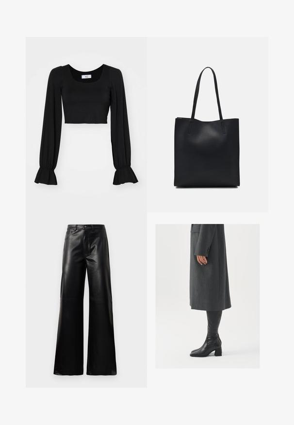 Sort cropped top med firkantet udskæring, lange pufærmer og rynkede manchetter. Lavet af blødt stof med en glat tekstur.; Sorte high-waisted bukser i bred ben i imiteret læder med forreste knap, lynlås, bæltestropper og sidelommer på hvid baggrund.; Grå, skræddersyet frakke med lige snit; parret med knæhøje sorte læderstøvler med firkantet tå og kraftig hæl.; Sort læder tote taske med glat tekstur, rektangulær form og to lange hanke. Ingen synlig hardware eller udsmykninger.
