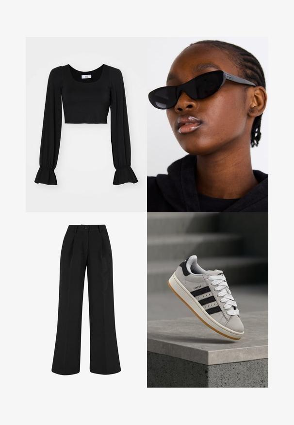 Juodas trumpas viršus su kvadratine apykakle, ilgomis pūstomis rankovėmis ir susiraukšlėmis ant rankovių. Pagamintas iš minkštos medžiagos su lygiu paviršiumi.; Juodos plačios kelnės su priekinėmis raukšlėmis, pagamintos iš lygaus audinio. Yra užsegimas mygtuku ir pritaikytas dizainas.; Pilka Adidas Campus sportinio batelio su juodomis juostelėmis ir baltais batraiščiais, plūduriuojančio virš betoninės pakylos su laiptais fone.; Juodi katės akies akiniai su matinio paviršiaus apdaila, pasižymintys elegantišku dizainu ir švelniai išlenktais kraštais, derinami su modelio tamsiais drabužiais.