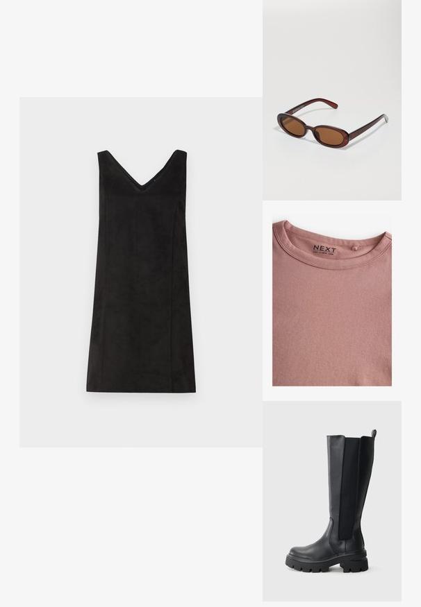 Garās piedurknes krekls ar apaļu kaklu maigi rozā audumā, ar bezšuvju apkakli un birku ar "NEXT" zīmolu. Gluda tekstūra, bez rakstiem.; Melna bezdiega kleita ar V-veida kakla izgriezumu, izgatavota no mīkstas auduma, ar taisnu piegriezumu un minimālu detaļu skaitu. Gluda tekstūra.; Melni zābaki līdz ceļiem ar gludu ādas virsu un kontrastējošām elastīgām sānu paneļiem. Masīva gumijas zole ar izteiktiem rakstiem.; Apaļas, brūnīgi nokrāsotas saulesbrilles ar spīdīgu bordo rāmīti. Šauri kāti ar diskrētu zīmola detaļu. Plakana objektīva dizains.; Austā burgundijas ādas soma ar noapaļotu korpusu, biezu rokturi un ar rāvējslēdzēju atveramu aizvēršanu. Tai ir gluda tekstūra un pinumu raksts.