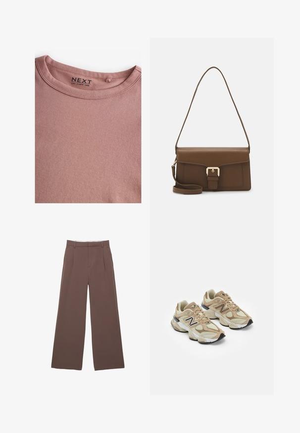 Langarm T-shirt met ronde hals in zachtroze stof, met een naadloze kraag en een label met "NEXT" merknaam. Gladde textuur, geen patronen.; Wijde broek in een effen bruine stof, met een zachte textuur, voorplooien en een op maat gemaakte tailleband. Geen zichtbare logo's of patronen.; Beige sneakers van mesh en nubuck materialen. Bevat een zwart logo en gegrandeerde accenten. Dikke witte tussenzool en zwarte rubberen buitenzool.; Bruine leren handtas met een rechthoekige vorm, voorzien van een klep aan de voorkant, gouden hardware en een lange, verstelbare strap.