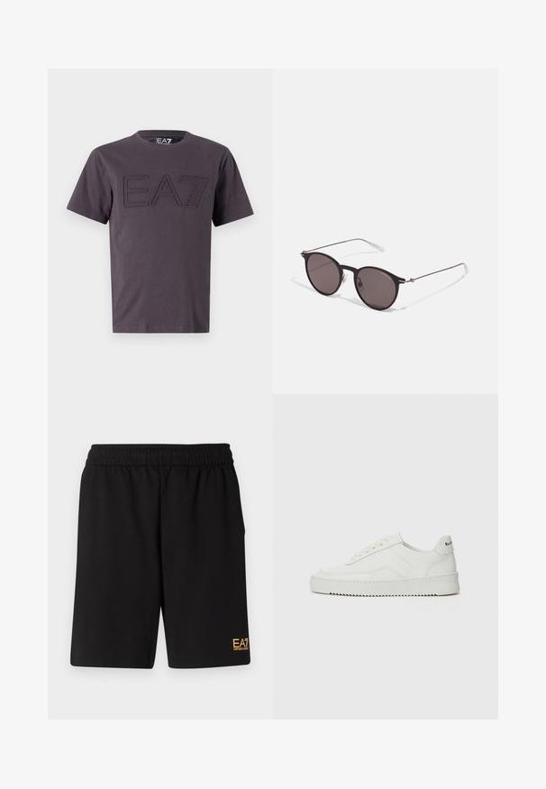 Pilkas medvilninis marškinėliai su tekstūruotu, iškilniu EA7 logotipu viduryje, klasikiniu apvaliu kaklu ir trumpomis rankovėmis.; Juoda sportinė šortai, pagaminti iš minkštos medžiagos, su elastingu diržu ir maža geltona EA7 logo apatinėje kairėje kojoje.; Balti odiniai sportiniai bateliai su lygia apdaila, apvaliu pirštu, plokščiais raišteliais ir tekstūruotu padu. Pasižymi subtiliu logotipu ant kulno.; Juodos apvalios saulės akinių su tamsiais lęšiais ir plonomis metalinėmis šakomis. Įtraukti skaidrūs šventyklų galai ir sidabriniai akcentai vyrio srityje. Minimalistinis dizainas.