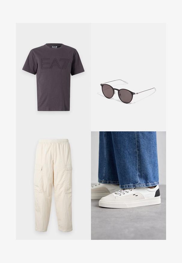 Grå bomulls t-skjorte med et teksturert, preget EA7-logo midt på forsiden, med klassisk rund hals og korte ermer.; Beige cargo bukser med elastisk talje, som har to sidelommer og et blødt, let stof. Stribet tekstur.; Hvite og svarte joggesko med en glatt læroverdel, teksturerte detaljer og en kraftig hvit såle. Har en klassisk snøring.; Sorte, runde solbriller med mørke linser og slanke metalarmer. Inkluderer klare temple tips og sølvfargede detaljer ved hengslet. Minimalistisk design.