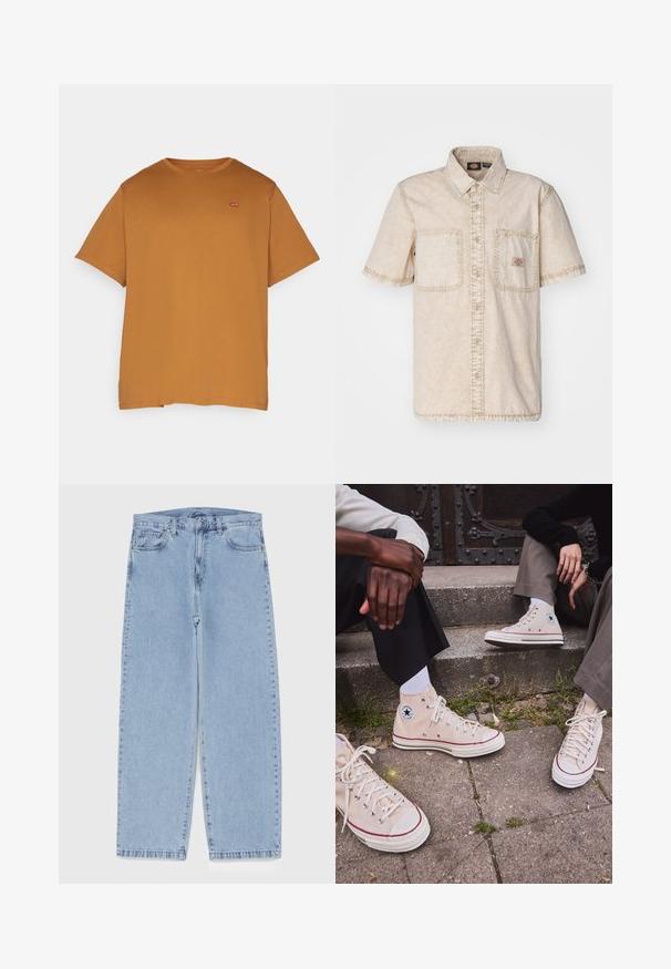 Levi's® Plus BIG ORIGINAL TEE - T-shirt basic - dark ginger; Camicia beige a maniche corte con chiusura a bottoni, due taschini sul petto, dettagli di cucitura visibili e colletto classico.; Jeans in denim azzurro chiaro con design a gamba dritta, caratterizzati da una vita media, cinque tasche e chiusura con bottone e zip.; Sneakers alte in tela beige con striscia rossa, suola in gomma bianca e occhielli metallici, con l'iconico logo a stella sul lato.