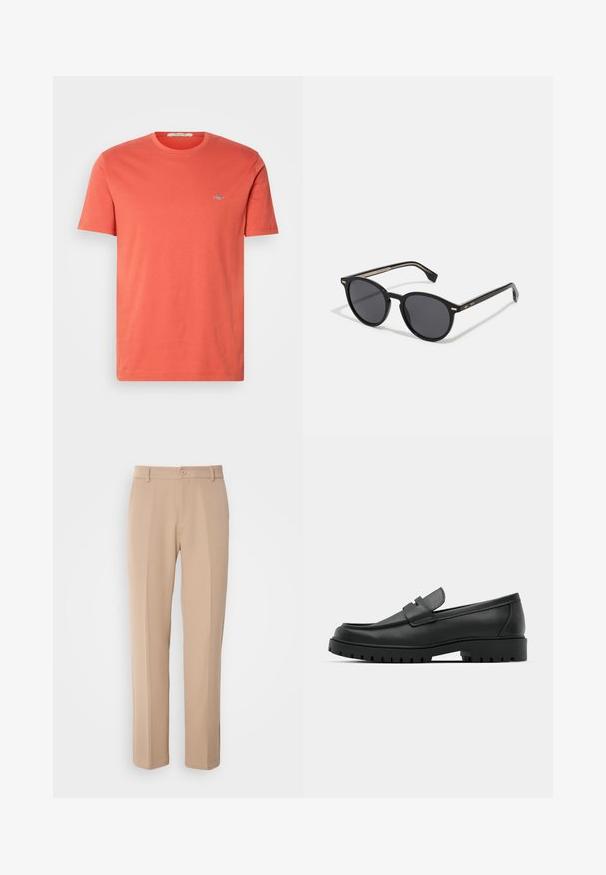 Korallivärviline puuvillane lühikeste varrukatega T-särk, millel on ümar kaelus ja rinnal väike bordüüriga logo. Sile tekstuur ja tavaline lõige.; Beezid püksid, mis on valmistatud siledast kangast, sirge jala lõikega, ees nupuga kinnitamisega ja peente kortsudega ees.; Mustad musta nahast loafers, millel on ümar varvas, tikandiga disain, madal platvorm-soon ja tekstureeritud, soonikkummist välistald.; BOSS Päikeseprillid - black