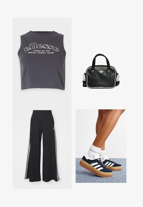 Tmavošedý skrátený top bez rukávov vyrobený z jemnej bavlny, s bielym potlačeným logom a okrúhlym výstrihom.; Čierne široké teplákové nohavice s elastickým pásom, so bielymi bočnými prúžkami a výšivkou loga na ľavom stehne.; Čierne semišové tenisky s bielymi pruhmi a detailmi, so zaoblenou špičkou, podrážkou z gumovej gumy, doplnené bielymi rebrovanými ponožkami.; Čierna kožená kabelka s dvoma krátkymi držadlami, striebornými kovovými doplnkami, bielymi akcentmi a bielym logom. Vyznačuje sa textúrovaným povrchom a kompaktným dizajnom.
