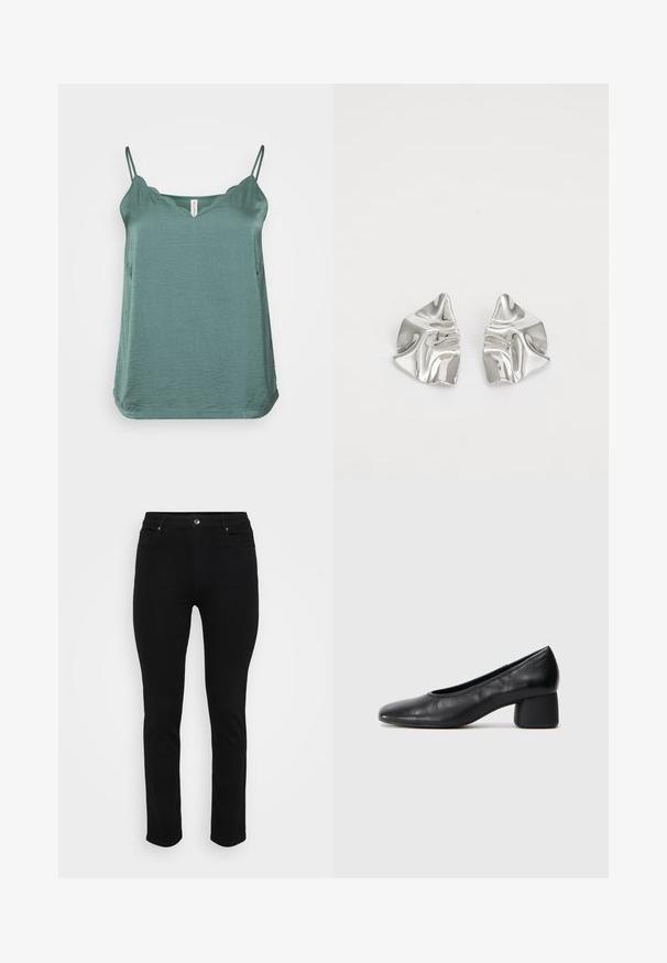 A teal, lightweight tank top with thin spaghetti straps, a v-neckline, and a slightly textured fabric; rounded hemline with side slits.; Black denim jeans with a slim fit, five-pocket design, front button closure, and slight stretch for comfort. Flat, smooth texture with minimal detailing.; Black leather pump with a rounded toe and mid-block heel. Smooth texture with minimal detailing, featuring a subtle elastic opening.; Silver metal earrings with a wavy, sculptural design featuring a polished finish and irregular shapes, highlighting a contemporary aesthetic.