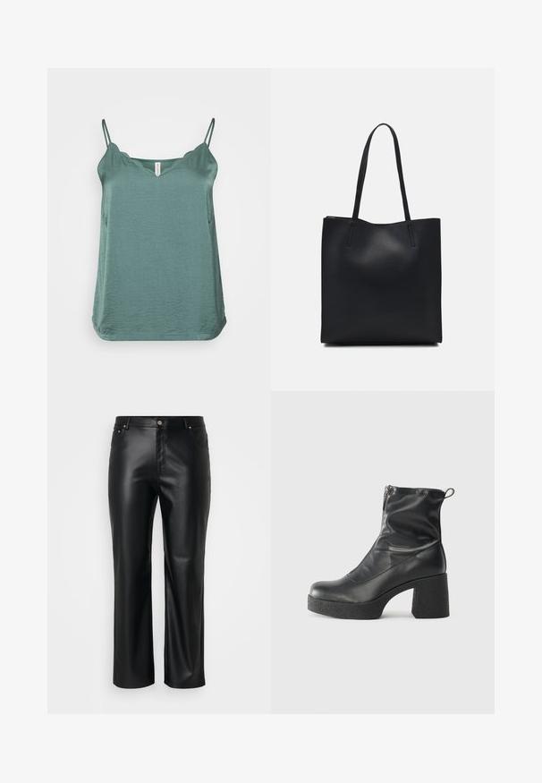 Teal värvi kerge triiksärk, millel on õhukesed spagetipaelad, V-kaelus ja kergelt tekstureeritud kangas; ümmargune alaosa, millel on külje lõhed.; Mustast kunstnahast püksid sirge lõikega, millel on vöökohad, ees taskud ning lukuga sulgemine, millel on nööp. Sujuv tekstuur.; Mustad mustad ansapüksid, mis on valmistatud siledast nahast, külje zipperiga, paksu tekstuuriga kontsaga ja ümmarguse nina disainiga.; Mustast nahast kott sujuva tekstuuriga, ristkülikukujuline ja kahe pika sangaga. Pole nähtavat riistvara ega kaunistusi.