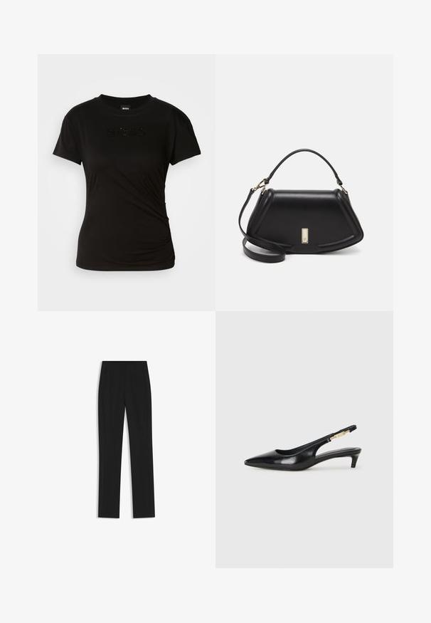 Musta t-paita pehmeästä kankaasta, jossa on lyhyet hihat ja pyöreä kaula-aukko. Sana "BOSS" on brodeerattu kiiltävillä mustilla yksityiskohdilla.; Mustat räätälöidyt housut suoran lahkeen designilla, joissa on etutaskut ja sileä, teksturoitu kangas. Siistit, minimalistiset yksityiskohdat.; Mustat nahkaiset slingback-korkokengät, joissa on terävä kärki, ohuet korot ja kultasävytteinen yksityiskohta säädettävässä hihnassa. Silkkinen pinta.; Mustalla nahkalaukulla, jossa on jämäkkä muotoilu, lyhyt malli, yläkahva ja kultaiset yksityiskohdat. Säädettävä olkahihna sisältyy.
