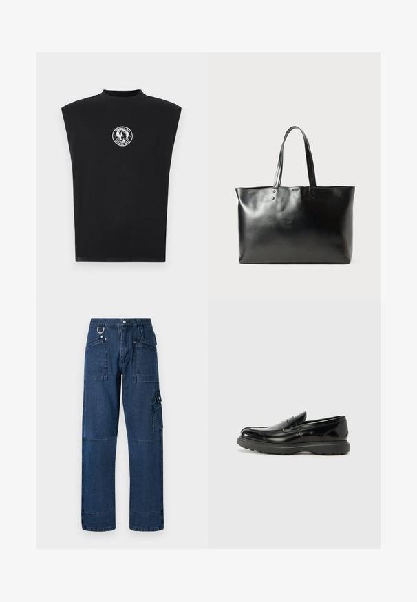 Melnā bezpiedurkņu blūze, kas izgatavota no mīkstas auduma, ar apaļu baltu grafisko logotipu uz krūtīm. Tieša apakšmala, minimālistisks dizains.; Tumši zili džinsu auduma cargo bikses ar taisnu piegriezumu, kurām ir vairāki kabatas, metāla aksesuāri un kontrastējoša šuvuma detaļas.; Melnas ādas loafers ar spīdīgu apdari, noapaļota pirksta forma, smalkas šuvju detaļas un bieza gumijas zole ilgstošai lietošanai.; Melnas gludas ādas somas ar divām plecu siksnām, taisnstūrveida forma un smalka šuvju detaļa uz baltā fona.