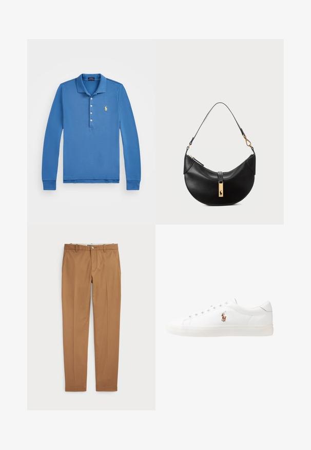 Polo Ralph Lauren STRETCH POLO SHIRT - Ilgarankovis viršutinės dalies drabužis - petrol blue; Rudos medvilnės kelnes su siauru siluetu, lygiu priekiu ir standartinėmis kišenėmis; sklandžios tekstūros ir apkarpytais rankogaliais.; Baltos odinės sportbačiai, žemo profilio, su lygia tekstūra, apvalia nosimi, raištelių sistema priekyje ir mažyte siuvinėta logo šone.; Juodos odos rankinė pusmėnulio forma. Papuošta auksinėmis detalėmis ir siaura juosta. Lygi tekstūra, užtrauktuko uždarymas viršuje.