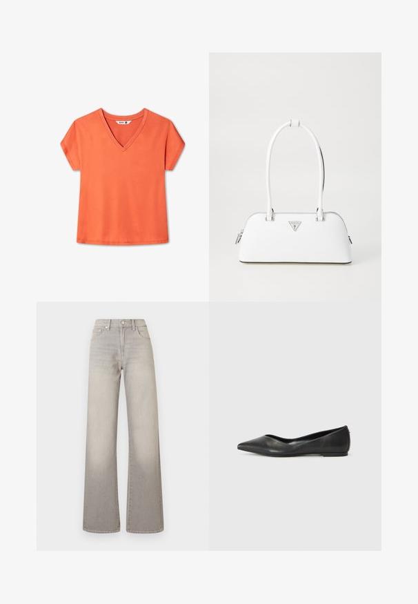 Orange, short-sleeved V-neck t-shirt. Made of soft cotton fabric, with a relaxed fit and a smooth texture. No visible patterns or accents.; Gray wide-leg jeans with a faded finish, button closure, five-pocket design, and stitched detailing along the seams.; Black leather ballet flat with a pointed toe, low heel, and smooth texture. Minimal design with a subtle side accent.; White leather handbag with a curved shape, featuring a silver triangular logo and zipper closure. Smooth texture and dual handles.
