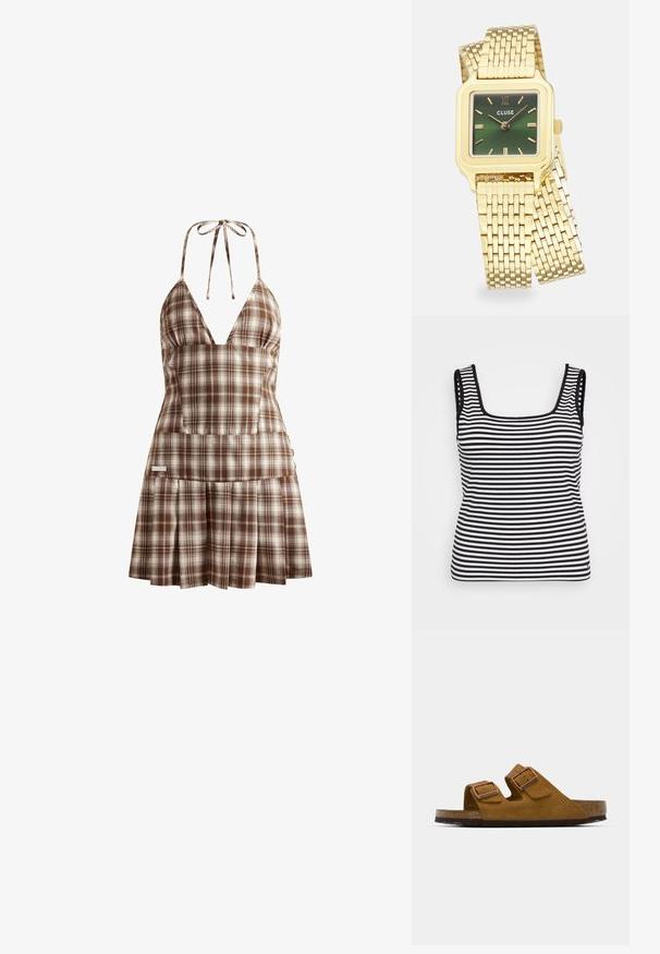 Débardeur à rayures noires et blanches avec un col carré, texture côtelée, bretelles larges et bords décoratifs en forme de coquille.; House of Sunny THE HOXTON CHECK DRESS - Robe de jour - multi-colored; Sandales en daim marron avec deux boucles ajustables, semelle en liège et semelle en caoutchouc texturé. Design ouvert et à enfiler pour le confort.; Sac à main en cuir noir avec un design structuré, une poignée supérieure, une bandoulière amovible et des accessoires en métal doré. Il dispose d'une fermeture à l'avant avec un fermoir.; Montre-bracelet carrée en or avec un cadran dégradé vert, des index heures en or et un bracelet en maille. Marque "CLUSE" affichée sur le cadran.; Boucles d'oreilles avec clou en métal doré et design torsadé. Chaque boucle d'oreille est dotée d'un arrière transparent circulaire pour un port sécurisé.