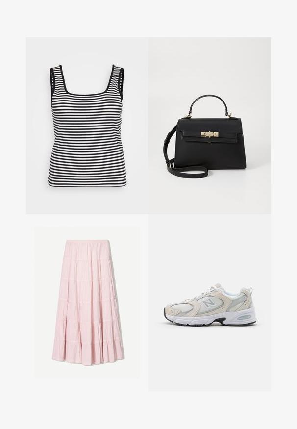 Zwart-witte gestreepte tanktop met een vierkante halslijn, geribde textuur, brede schouderbanden en decoratieve golfranden.; Lichtroze, gelaagde maxi-rok van een gestructureerde, lichte stof. Elastische tailleband en vloeiende zoom met ruches.; Atletiekschoen met een lichtgrijs mesh bovenwerk en suede accenten, witte veters en een zwarte rubberen zool. Opvallend ABZORB dempingdetail.; Zwarte leren handtas met een gestructureerd ontwerp, bovenhandgreep, afneembare schouderriem en gouden hardware. Voorzien van een sluiting met een klapsluiting aan de voorkant.; Gouden knoopstuds met een gedraaide design. Elke oorring heeft een ronde transparante achterkant voor een veilige draagervaring.